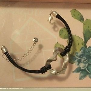 Hammered heart and vinyl cord bracelet, 8 inches, 2 inch extension chain